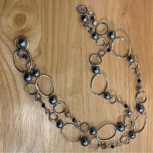 Lia Sophia Alpine Oval Silver Gray Glass Pearls & Resin Beads Long Necklace
